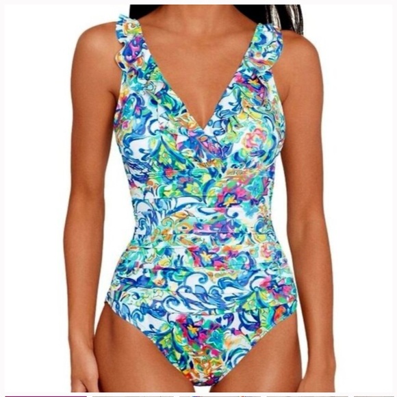 Ralph Lauren Other - Lauren Ralph Lauren Ruffle V-Neck One-Piece Swimsuit in Multicolor in Size 10